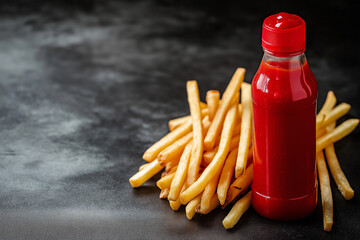 French Fries with Red Ketchup Bottle on Black Table