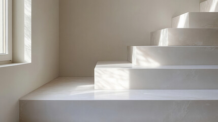 Modern staircase featuring sleek steps and natural light from window enhances minimalist interior design in a contemporary home