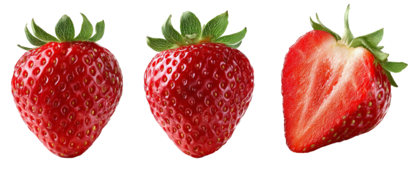 A vibrant trio of strawberries showcasing their fresh, juicy appeal, with one strawberry sliced to reveal its succulent interior, perfect for culinary presentations and healthy recipes