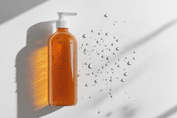 Horizontal Amber Glass Pump Bottle Mockup with Water Drops on Surface