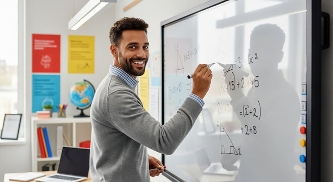 Smiling male teacher writing math equations on a digital whiteboard in classroom - Powered by Adobe
