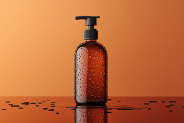 Horizontal Amber Glass Pump Bottle Mockup with Water Drops on Surface