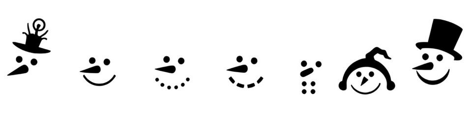 diverse snowman faces in black and white silhouette for winter holiday design elements.