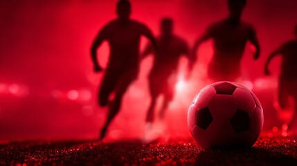 In an energetic scene, players sprint towards a soccer ball set against a fiery red backdrop, capturing the excitement and intensity of a thrilling football match