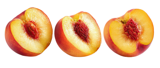 Freshly cut peaches arranged in a row, showcasing their juicy, vibrant flesh and rich texture, with a clean white background emphasizing their natural appeal for culinary use