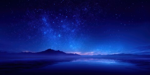 Starry Night Sky Over Calm Water Reflected in Twilight Horizon