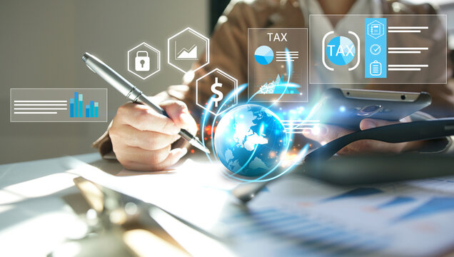 businesswoman organizing tax checklist through virtual interface. Tax planning services to maximize tax savings and optimize business finances