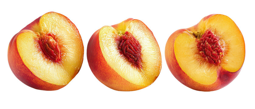 Freshly cut peaches arranged in a row, showcasing their juicy, vibrant flesh and rich texture, with a clean white background emphasizing their natural appeal for culinary use