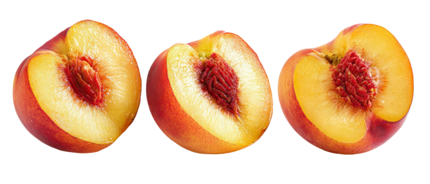 Freshly cut peaches arranged in a row, showcasing their juicy, vibrant flesh and rich texture, with a clean white background emphasizing their natural appeal for culinary use