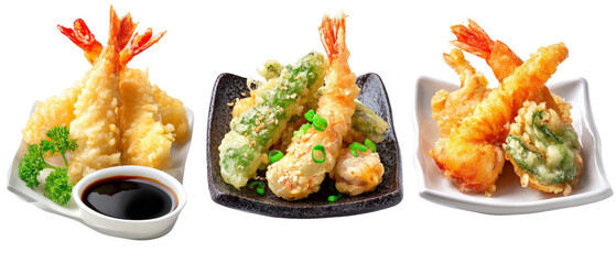 A vibrant display of assorted tempura shrimp, beautifully arranged on elegant plates with a side of dipping sauce, set against a clean, white background, ideal for culinary promotions
