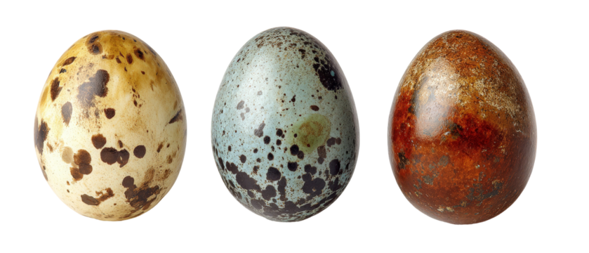 Three beautifully speckled eggs displayed against a white background, showcasing various colors and patterns, ideal for use in nature-themed projects or educational materials