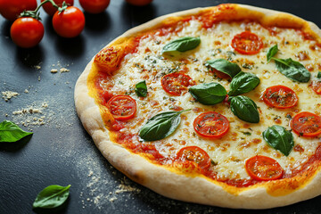 Margherita Pizza with Tomato and Basil on Black Surface