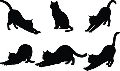 Flat vector illustration of six cat silhouettes, stretching playful poses, feline movement, minimalistic animal art