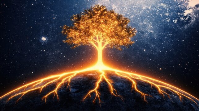 Glowing Tree of Life Against Starry Sky, Conceptual Image