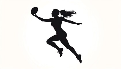 Obraz premium Silhouette of a woman leaping to catch a football against a white circular background. She's fit with flowing hair and athletic form