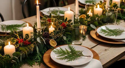 Rustic Aesthetic Table Setting With Candles And Greenery