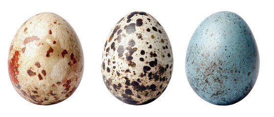 Three distinct bird eggs displayed side by side, showcasing their unique colors and patterns, set against a plain background, highlighting their natural beauty and diversity
