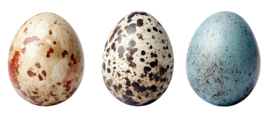 Three distinct bird eggs displayed side by side, showcasing their unique colors and patterns, set against a plain background, highlighting their natural beauty and diversity