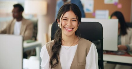 Computer, creative and face of woman in office for publishing, online article and about us. Coworking, magazine agency and portrait of confident person for proofreading, copywriting or editing career