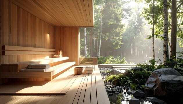 Modern wooden sauna in forest with minimalist design, benches, towels, and sunlight filtering through trees. - Powered by Adobe