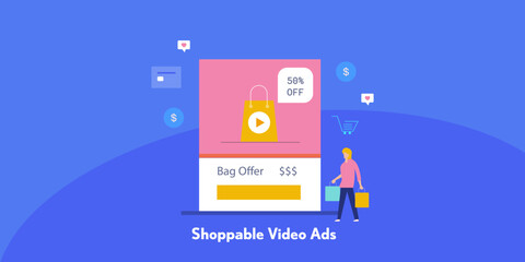 Shoppable video ads showcasing product offers and purchase button, featuring woman with shopping bag and dynamic e-commerce elements.