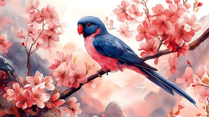 Parrot among cherry blossoms