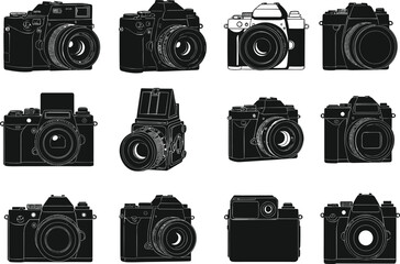 Flat vector illustration of twelve camera silhouettes, vintage film digital DSLR compact styles, photography equipment art