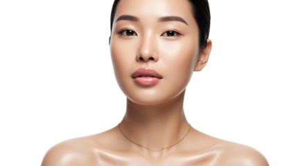 Elegant portrait of a woman with radiant skin, minimal makeup and glossy lips on a clean Background.
