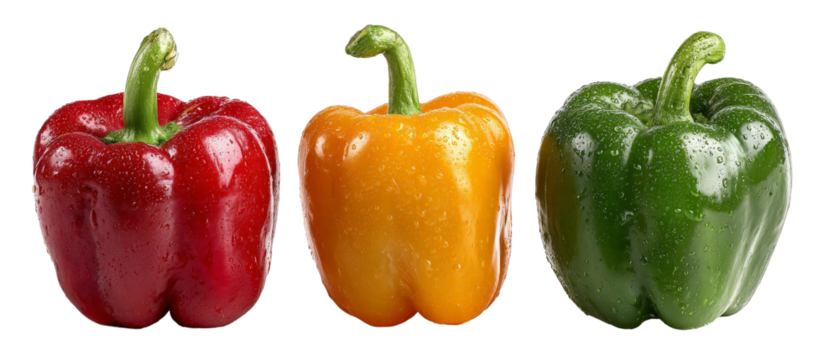 A vibrant arrangement of red, yellow, and green bell peppers glistening with water droplets, showcasing their freshness and color, ideal for culinary presentations or healthy lifestyle promotions