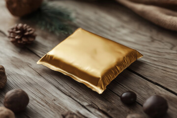 Metallic Bar Wrapper on Wooden Table Mockup