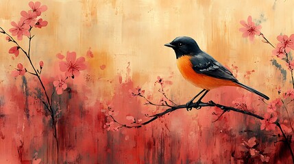 Bird on cherry blossom branch digital painting