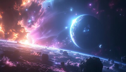 Awe-Inspiring Cosmic Journey Expansive View of Radiant Nebulae Swirling Around Distant Worlds and Asteroid Fields in the Infinite Abyss of Space