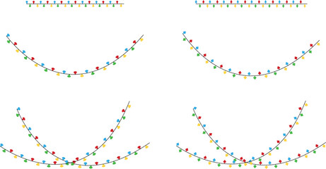 Colorful string lights set, festive decorative bulb garlands collection in multiple shapes and curves, holiday illumination decoration vector design on transparent background