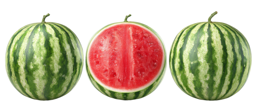 Freshly sliced watermelon showcasing vibrant red flesh and green-striped rind, set against a clean background, ideal for summer-themed culinary or health-related content