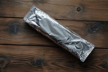 Metallic Bar Wrapper on Wooden Table Mockup
