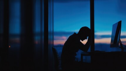 Stressed silhouette of person at desk against dark blue twilight window.