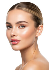 Obraz premium Elegant portrait of a woman with radiant skin, minimal makeup and glossy lips on a clean Background. 
