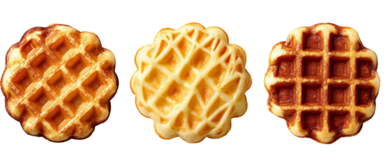 Three golden-brown waffles with distinct patterns displayed on a clean white background, showcasing their texture and appealing appearance, ideal for food-related content