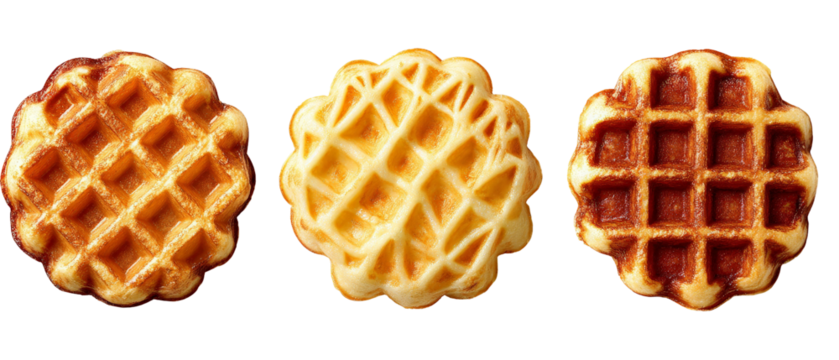 Three golden-brown waffles with distinct patterns displayed on a clean white background, showcasing their texture and appealing appearance, ideal for food-related content