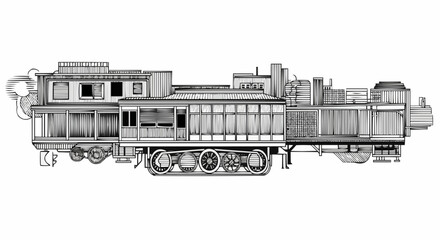 Detailed illustration of a vintage steam train with multiple carriages and intricate design.