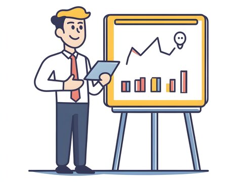 Smiling businessman presenting financial data on whiteboard with graphs illustration