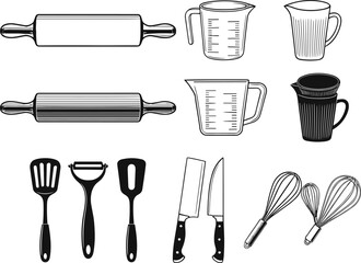 Kitchen utensils silhouette set, rolling pin, measuring cup, knife, whisk, spatula, flat vector illustration