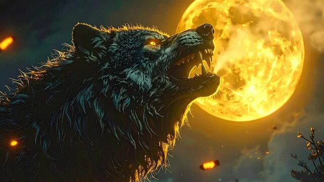 A fearsome black wolf with supernatural glowing eyes snarling aggressively under a dramatic full moon