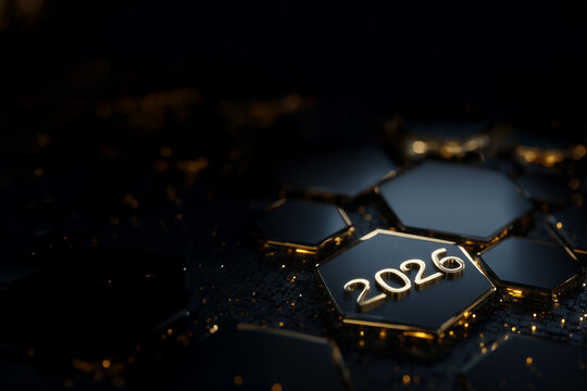 Chiffres dor&eacute;s 2026 sur alv&eacute;ole hexagonale noire avec reflets m&eacute;talliques et particules dor&eacute;es dans une composition futuriste sombre pour visuel de c&eacute;l&eacute;bration du Nouvel An ou projection vers 2026
