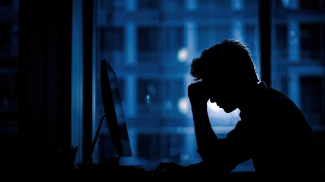 Silhouette of stressed person working late beside computer monitor at night.