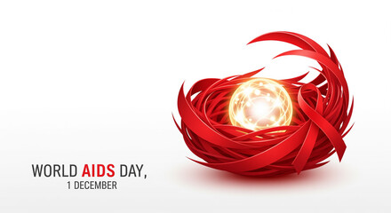 Red ribbon nestled around a glowing sphere, symbolizing World AIDS Day on December 1st, raising awareness and hope on a bright, clean white background.