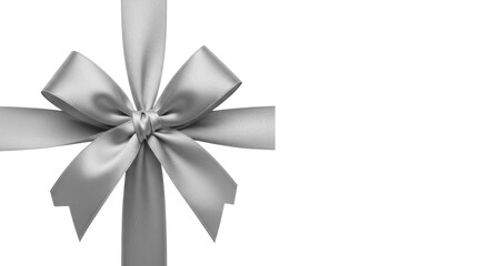 An elegant silver satin ribbon tied into a neat, lustrous bow, with soft studio light, against a transparent background with ample copy space to the right, concept of celebration and sophistication