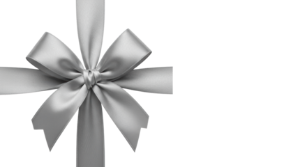 An elegant silver satin ribbon tied into a neat, lustrous bow, with soft studio light, against a transparent background with ample copy space to the right, concept of celebration and sophistication