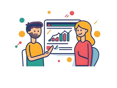 Colleagues presenting business data analysis on charts and graphs at meeting