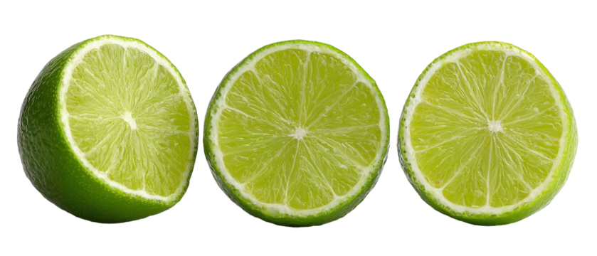 Freshly cut limes displayed in three sections, highlighting their vibrant green color and juicy texture, perfect for culinary use or beverage garnishing with a clean background